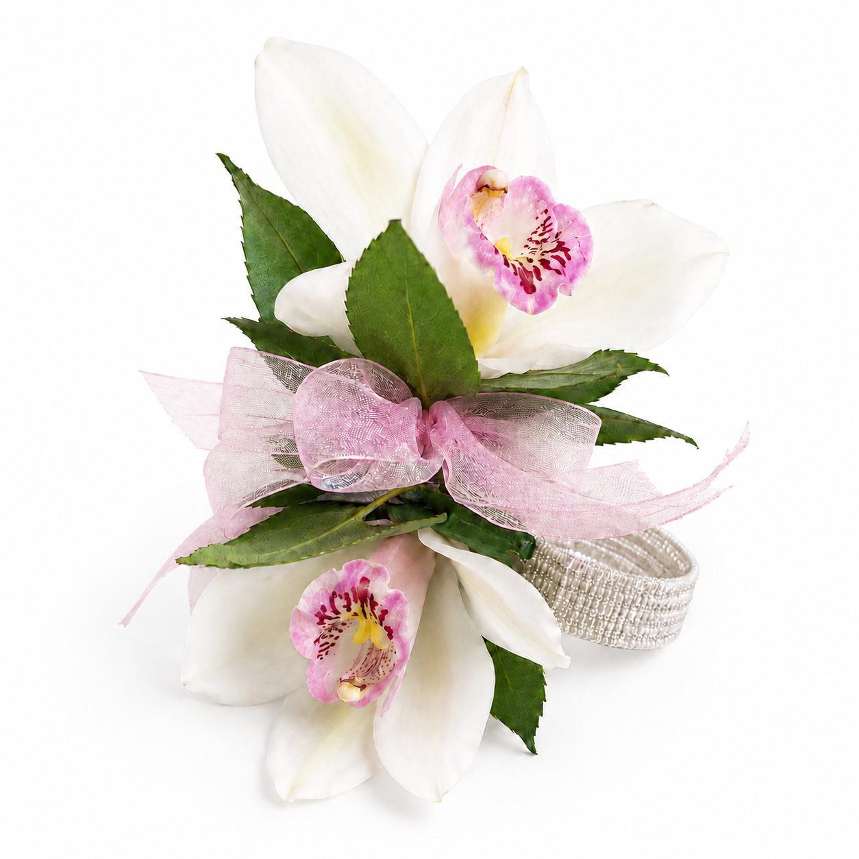 Elegant white cymbidium orchid wrist corsage with blush ribbon, greenery, and pearl-style wristband by Heather Floral NYC