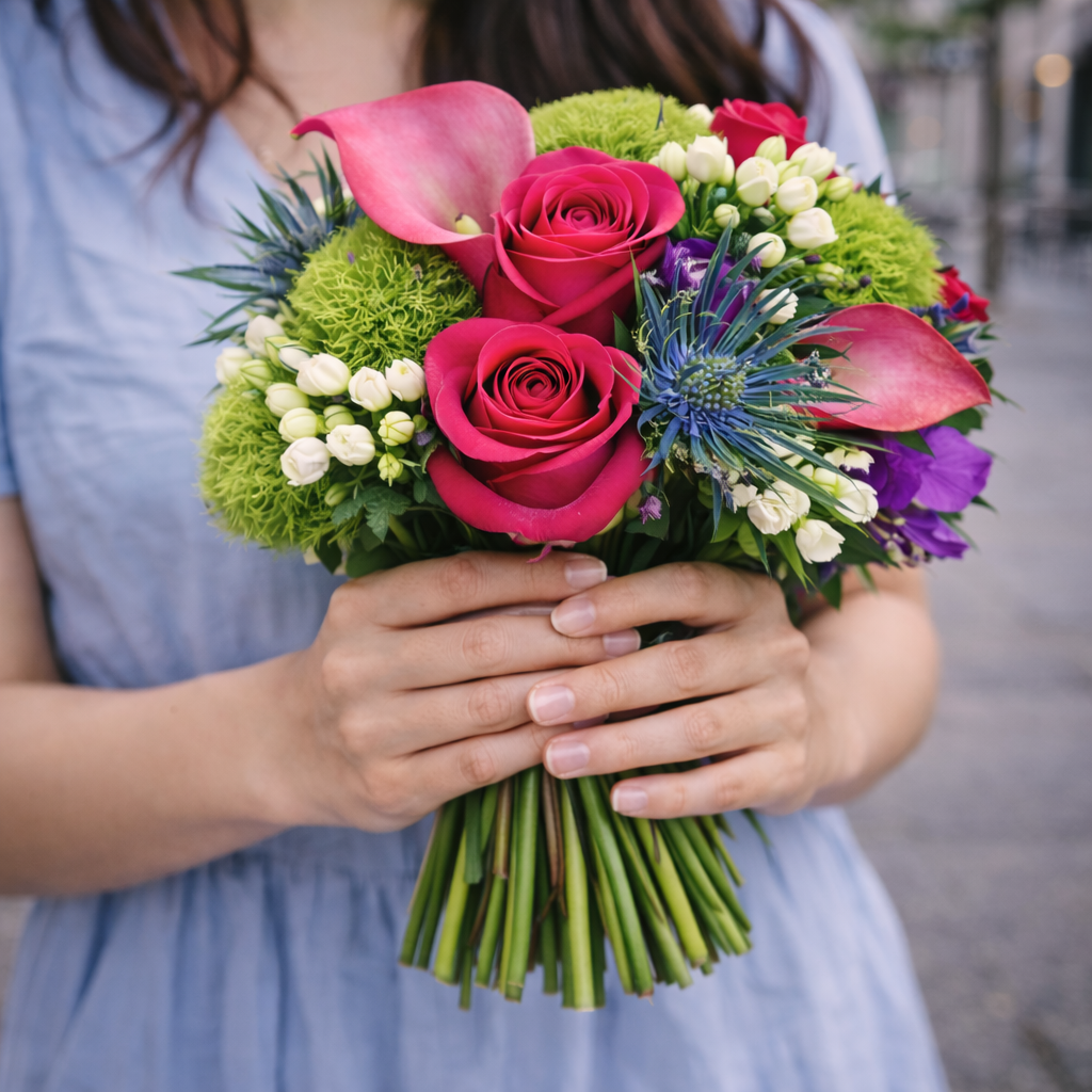 Pink bouquet held naturally in hands, featuring roses and seasonal flowers by luxury Manhattan florist Heather Floral.
A close-up moment that captures emotion and craftsmanship. This pink bouquet is gently held by hand, showing the natural movement of the stems and the richness of the flowers. Created by Heather Floral, a trusted local florist in Manhattan, this bouquet is ideal for heartfelt gifts and special