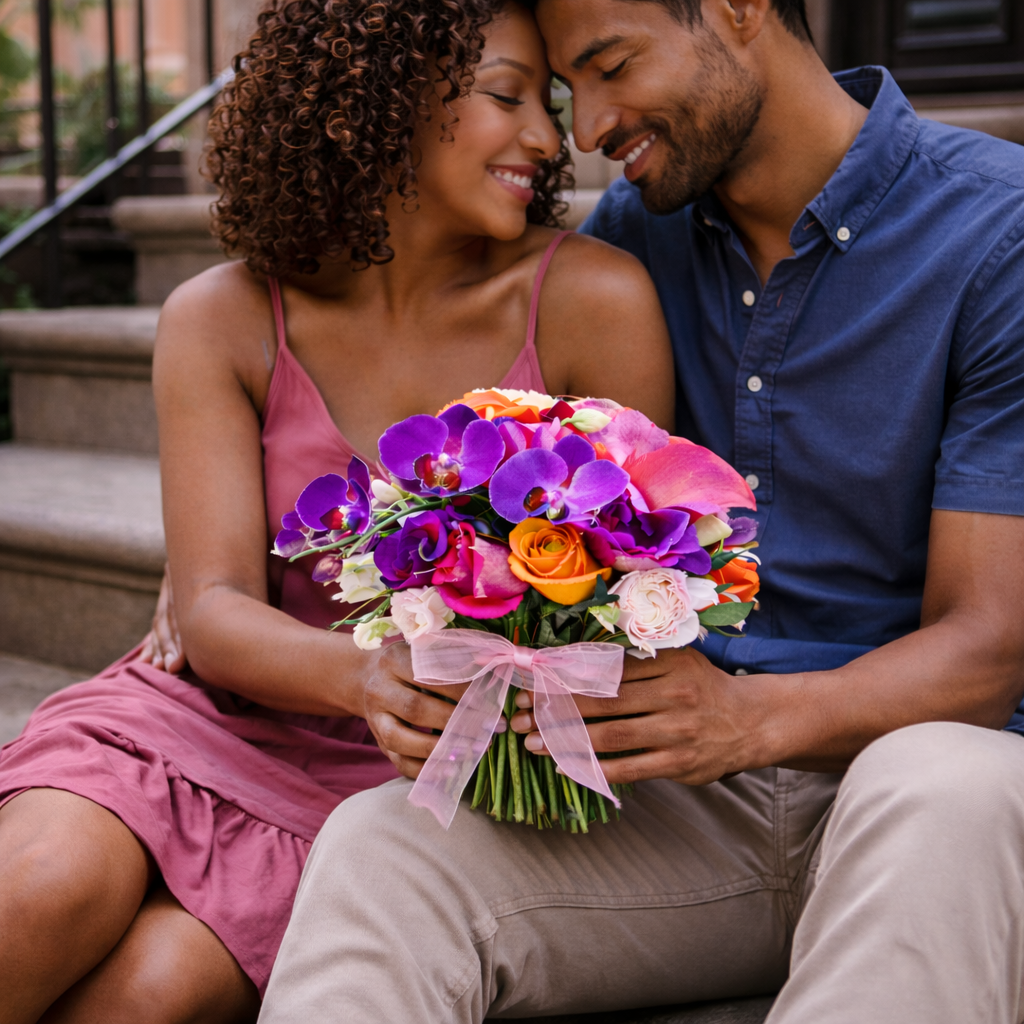 Secret Admirer Bouquet held by a couple in New York City, romantic luxury flowers by Heather Floral with free same day delivery Manhattan
A candid New York City moment featuring the Secret Admirer Bouquet, designed for understated romance and modern elegance. Handcrafted by Heather Floral, a premium New York florist, this bouquet fits perfectly into real Manhattan lifestyles.
Available with free same day flower delivery acro