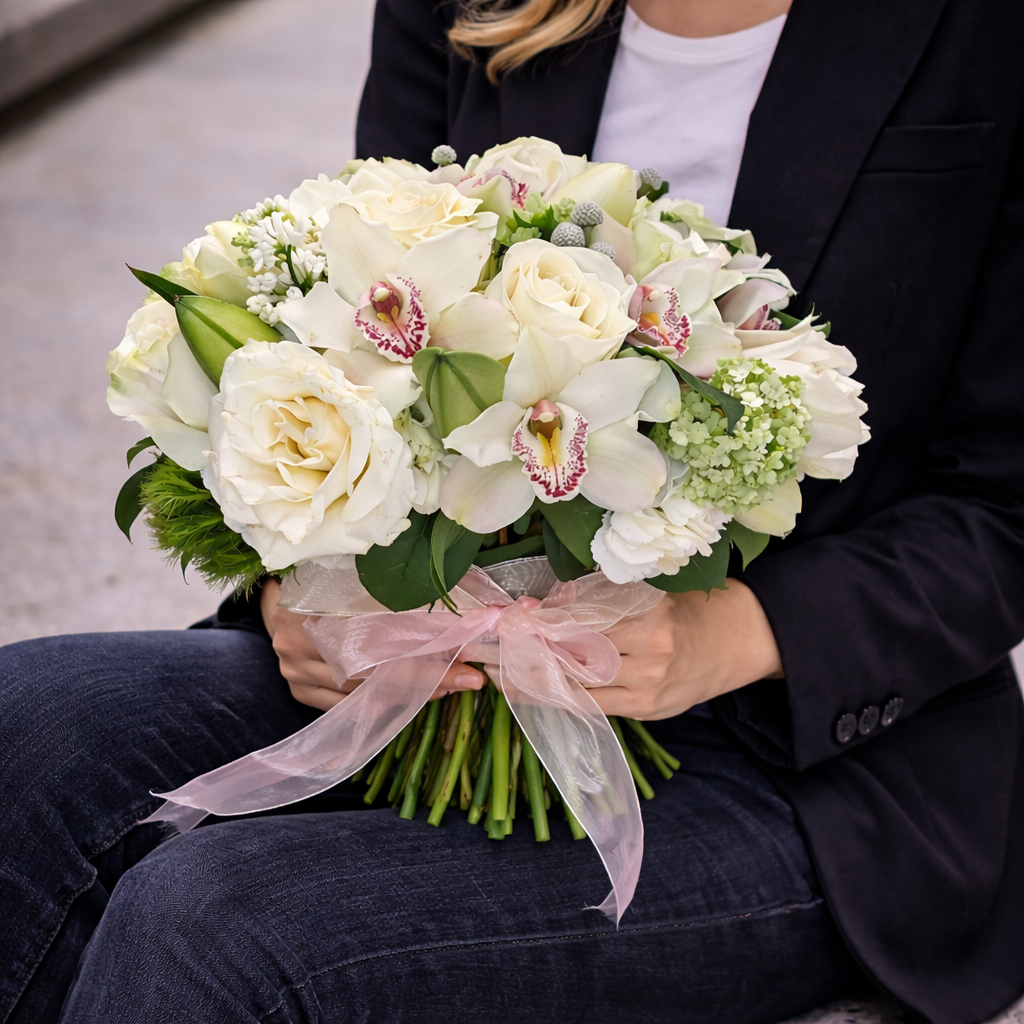 This intimate lifestyle image highlights the White Fantasy Bouquet resting gently in the hands of the model, keeping full attention on the flowers themselves. Created by Heather Floral, a luxury florist in Manhattan, and available with free same-day delivery throughout NYC.
White Fantasy Bouquet resting in model’s lap by Heather Floral with free same-day delivery in Manhattan