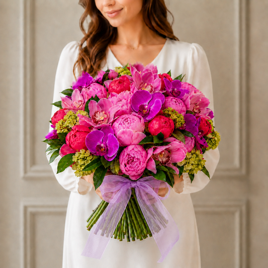 Blushing Orchid Peony bouquet with pink peonies, fuchsia orchids, cymbidium orchids, green accents, and ribbon by Heather Floral NYC.