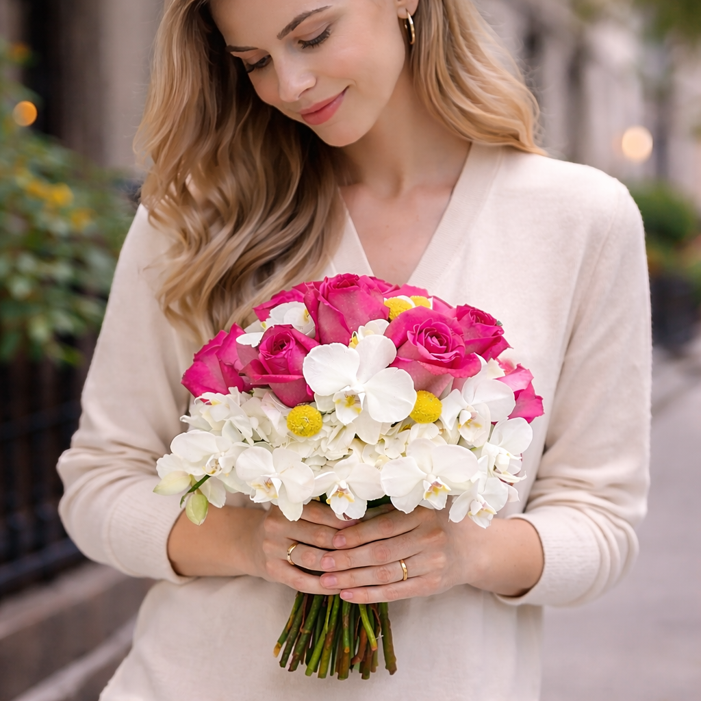 The Bouquet Brightly Colored Mixed held with elegance, highlighting the beauty of fresh flowers designed by Heather Floral, a luxury florist in Manhattan. Ideal for romantic occasions, weddings, and memorable moments, this bouquet reflects high-end floral design in New York City. Available with Free Same-Day Delivery Manhattan from a leading flower shop NYC.