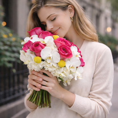 A detailed side-angle view of the Bouquet Brightly Colored Mixed, showcasing rich colors and premium textures, handcrafted by Heather Floral, a luxury flower shop in Manhattan NYC. Perfect for weddings and refined gifting, this arrangement is available with Free Same-Day Delivery in Manhattan, from an experienced New York florist known for elegant flower delivery NYC.