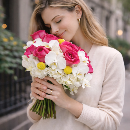 A detailed side-angle view of the Bouquet Brightly Colored Mixed, showcasing rich colors and premium textures, handcrafted by Heather Floral, a luxury flower shop in Manhattan NYC. Perfect for weddings and refined gifting, this arrangement is available with Free Same-Day Delivery in Manhattan, from an experienced New York florist known for elegant flower delivery NYC.