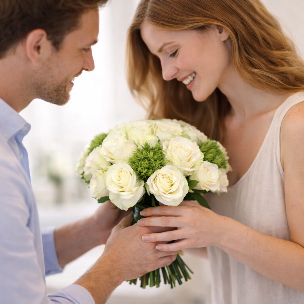 Couple exchanging a white rose bouquet from a Manhattan flower shop

A timeless flower moment featuring a white rose bouquet from Heather Floral, your local florist Manhattan NYC. Ideal for romantic occasions, birthdays, and custom floral arrangements with same day flower delivery NYC.