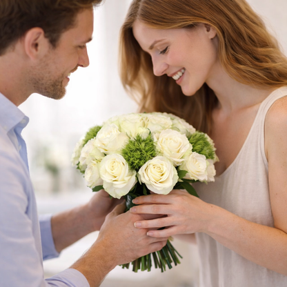 Couple exchanging a white rose bouquet from a Manhattan flower shop

A timeless flower moment featuring a white rose bouquet from Heather Floral, your local florist Manhattan NYC. Ideal for romantic occasions, birthdays, and custom floral arrangements with same day flower delivery NYC.