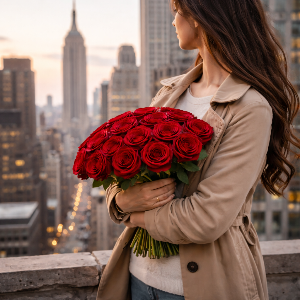 A luxury rooftop view featuring the Deluxe Hand-Tied Rose Bouquet by Heather Floral, a luxury florist Manhattan offering custom floral arrangements NYC. Designed for elevated city living. Available from our flower store NYC with Free Same-Day Delivery Manhattan.