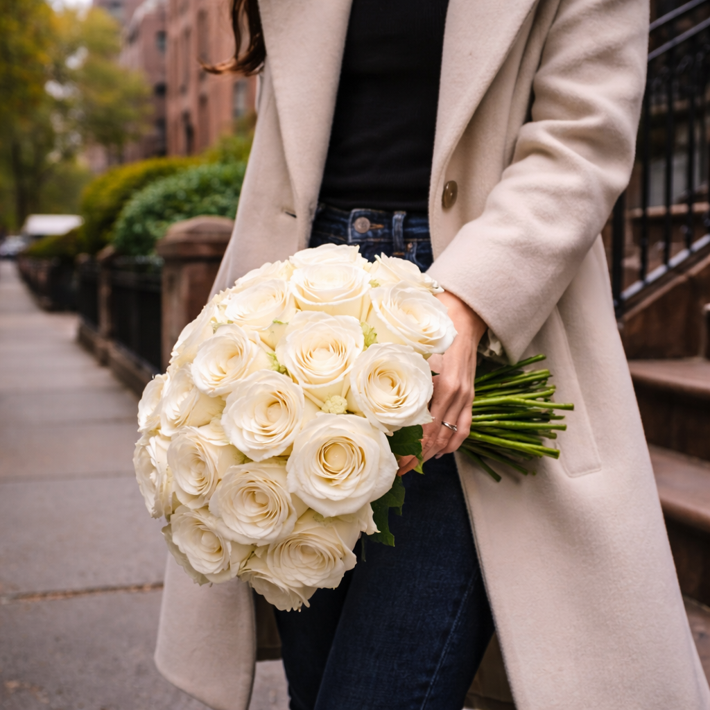 Our Deluxe Hand-Tied Rose Bouquet captured in a classic Manhattan brownstone setting, blending iconic New York architecture with elegant white roses.
Designed by Heather Floral, your local florist in Manhattan for refined floral arrangements and luxury bouquets.
Order today with Free Same-Day Delivery Manhattan.

Manhattan florist delivery · white roses New York City · luxury florist NYC · flower store NYC · same day flower delivery Manhattan
