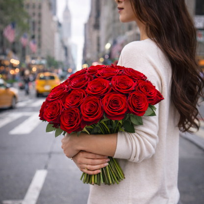 Deluxe Hand-Tied Rose Bouquet by Heather Floral, a leading flower shop Manhattan and New York florist. Fresh cut red roses photographed on the streets of NYC, perfect for romantic moments. Order today with Free Same-Day Delivery Manhattan from your trusted florist New York City.