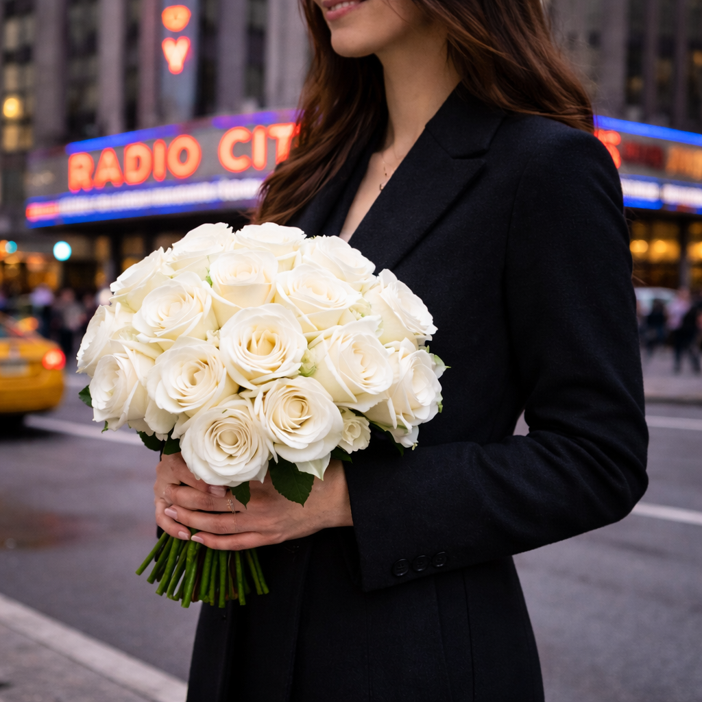 The Deluxe Hand-Tied Rose Bouquet styled near Radio City, showcasing timeless white roses in the heart of New York City.
Handcrafted by Heather Floral, a luxury florist NYC offering premium floral designs for every occasion.
Enjoy Free Same-Day Delivery in Manhattan on all rose bouquets.

NYC flowers · luxury rose bouquet Manhattan · florist New York City · flower shop near me NYC · Manhattan flower delivery