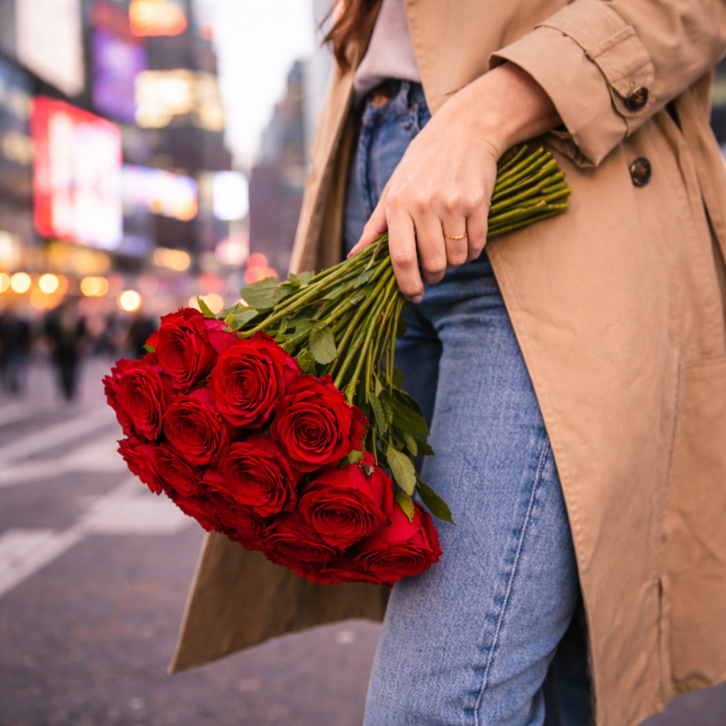 The Deluxe Hand-Tied Rose Bouquet captured in Times Square by Heather Floral, your local florist Manhattan for premium NYC flowers. A bold red rose bouquet inspired by the heart of New York. Enjoy same day flower delivery NYC with Free Same-Day Delivery Manhattan.