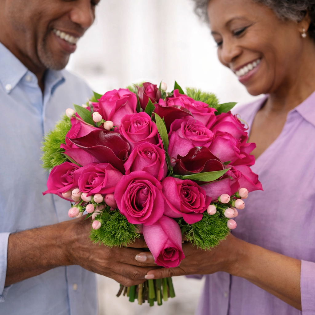 Older couple exchanging a pink rose bouquet from a Manhattan flower shop with free same-day delivery Manhattan

A warm flower moment featuring a pink rose bouquet from Heather Floral, your local florist Manhattan NYC. Perfect for gifts and special occasions with Free Same-Day Delivery Manhattan.