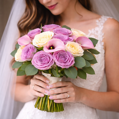 A bride holding the Eternal Love Bouquet, designed by Heather Floral, a renowned designer florist NYC for weddings and bridal events. The focus on the flowers highlights the bouquet’s romantic texture and craftsmanship, perfect for ceremonies and wedding photography.
Available with Free Same-Day Delivery Manhattan from a trusted Manhattan florist delivery service.