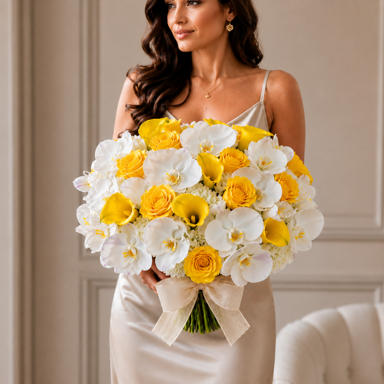 Golden Harmony bouquet with white orchids, yellow roses, yellow calla lilies, white hydrangeas, and elegant ribbon by Heather Floral NYC.