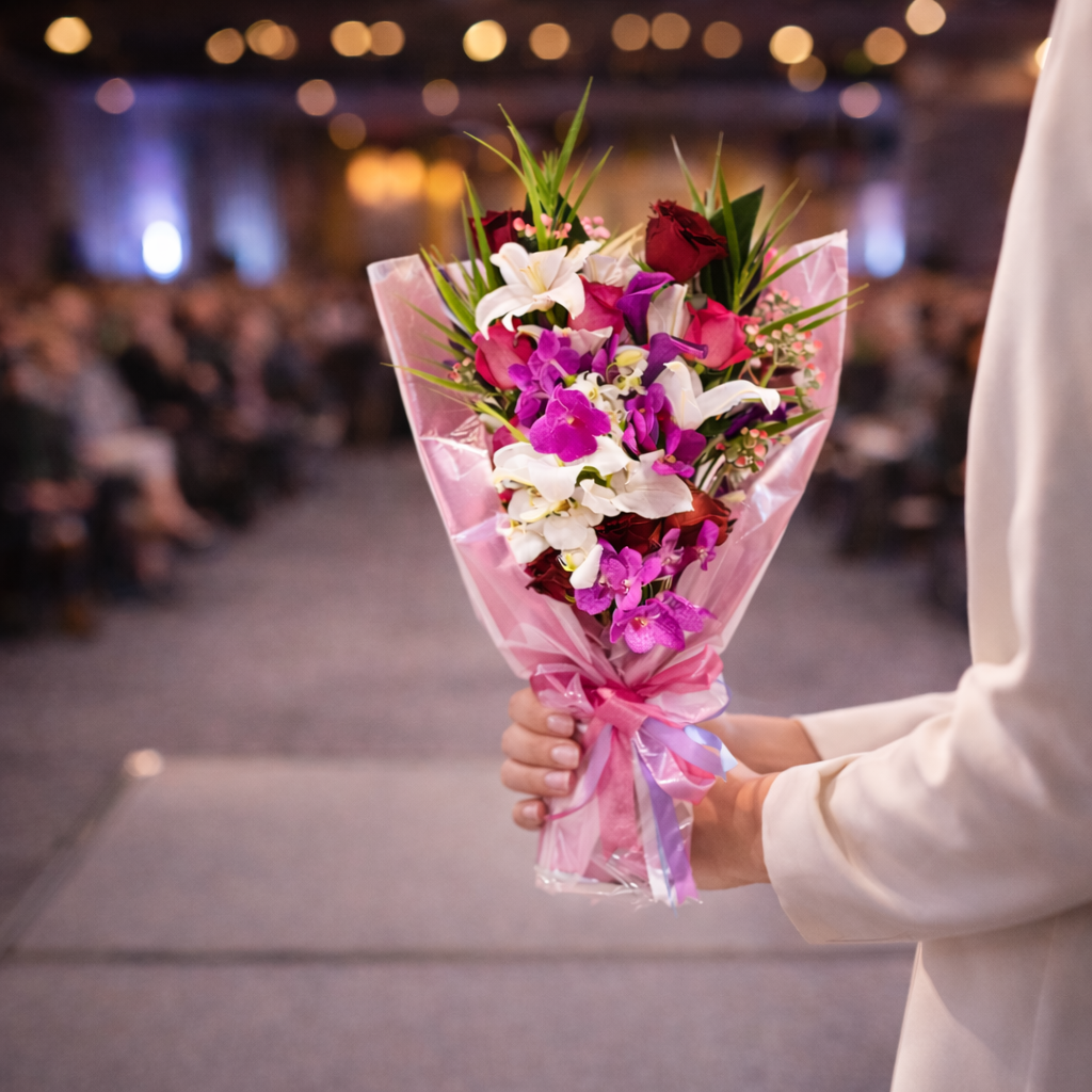 An elegant event bouquet by Heather Floral, a premier New York florist and local florist Manhattan. Perfect for stage presentations and special occasions, featuring refined floral design with Manhattan flower delivery and fast NYC service.